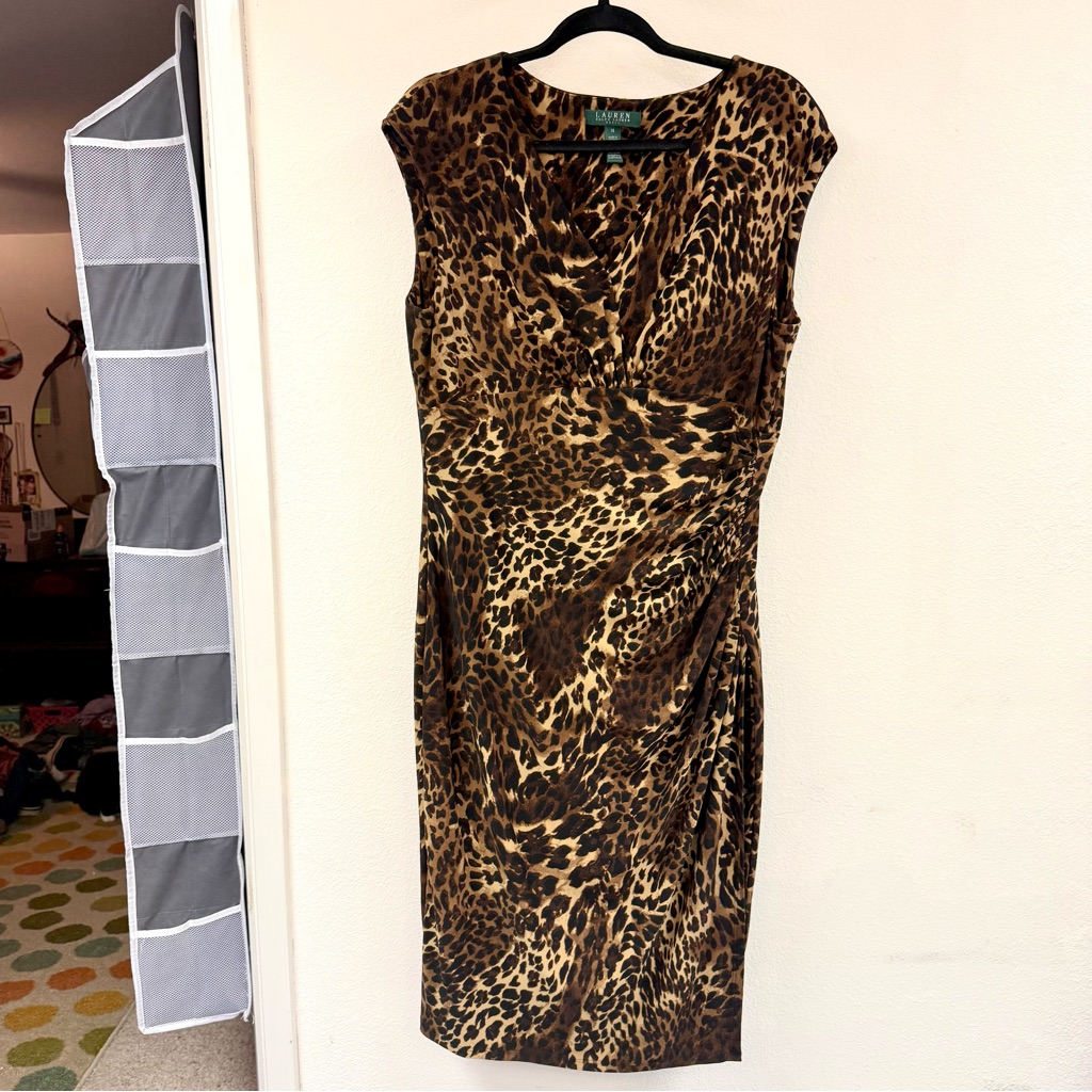 Ralph Lauren Classy Leopard Print Wrap Dress With Ruching, Size Medium